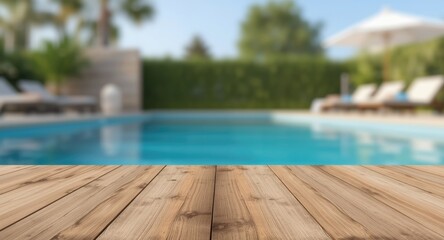 Fototapeta premium Blurred swimming pool backdrop with a clear matte wooden surface and copy space