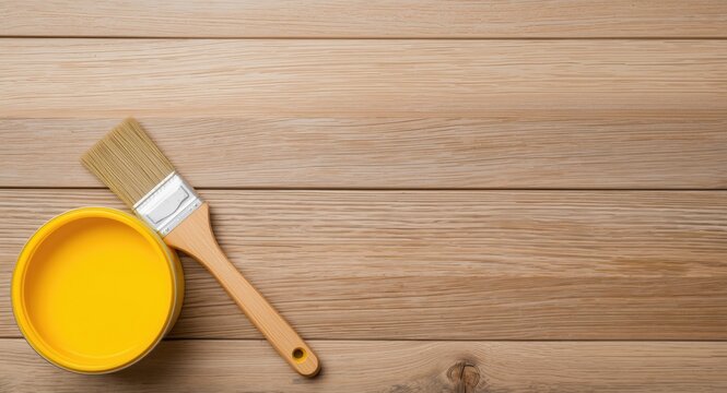 A yellow paint container and brush resting on wooden paneling