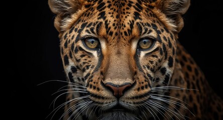 Obraz premium Dramatic close up of wild leopard face with prominent markings on dark background