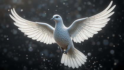 Fototapeta premium A bright white dove with fully spread wings hovers center-stage against a dark, snow-like bokeh, HD and 4K image