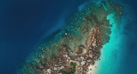 Drone overview of a tropical island seafront with clear sapphire water and rocky beachscape