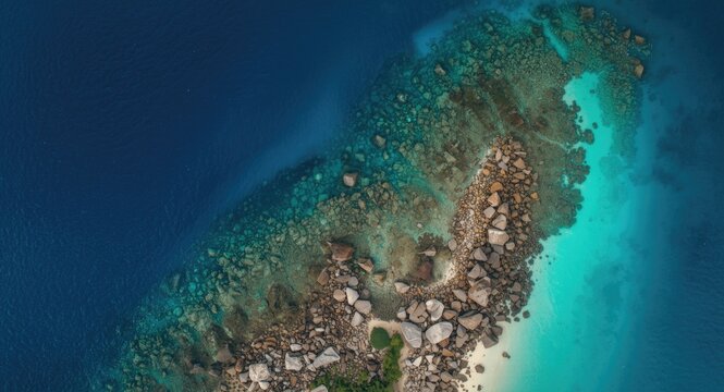 Drone overview of a tropical island seafront with clear sapphire water and rocky beachscape