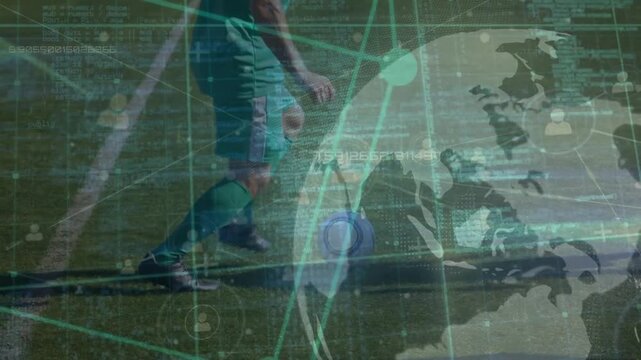 Animation of network of connections over fit caucasian man jogging at sea
