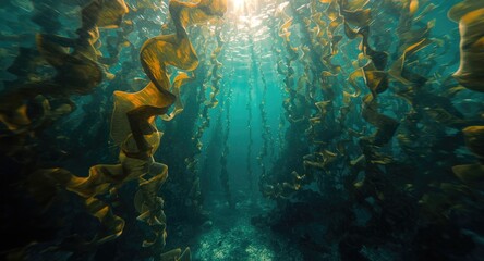 Fototapeta premium Natural kelp underwater setting with copy space for graphic design