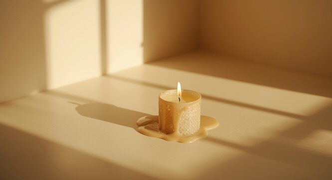 A candle slowly dripping wax creating elegant shadows under strong daylight