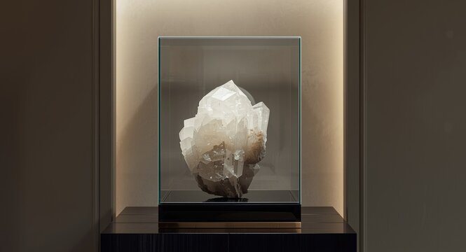 Preserved raw Apophyllite specimen in glass emphasizing its natural crystalline beauty for home decoration