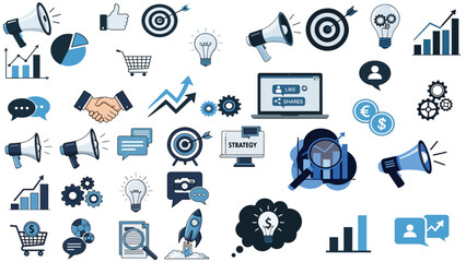Modern business marketing strategy concept with vector icon collection showing analytics growth charts communication technology tools for digital enterprise success.