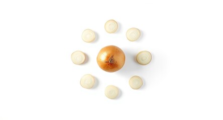 Composition of whole and sliced golden onions emphasizing distinctive layers on white surface