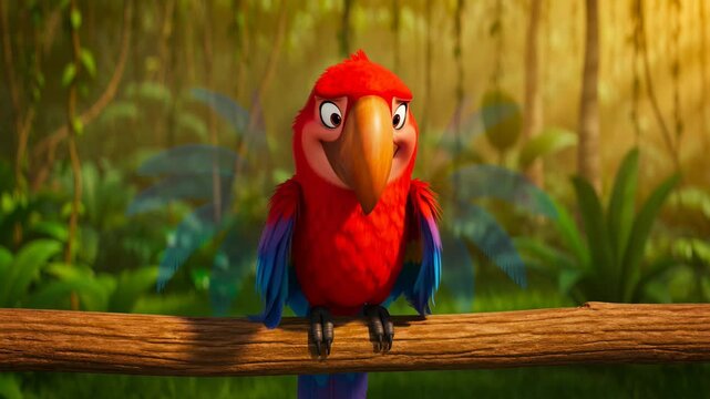 Animated scarlet macaw parrot perched on a jungle branch with lush greenery and soft lighting displaying cartoon bird character
