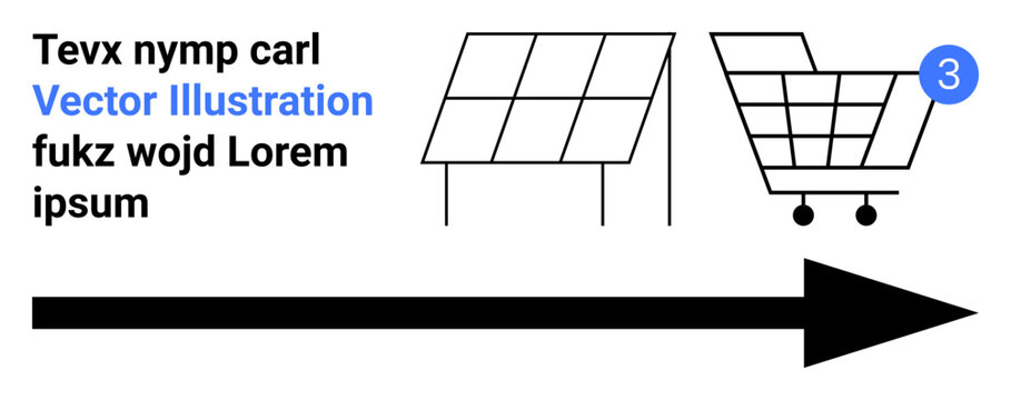 Solar panel, shopping cart with notification icon, large arrow pointing right, placeholder text. Ideal for themes such as sustainability, online shopping, progress, e-commerce, renewable energy