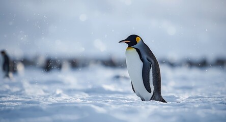 Obraz premium Emperor penguin on snowfield during light snow falling with soft focused winter bokeh landscape