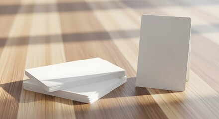Fototapeta premium Stack of white blank business cards on wooden table with natural light