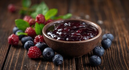 Blueberry jam in bowl placed on wooden table with ripe fresh berries nearby