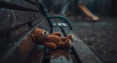 A lone brown teddy bear doll resting on a rain dampened playground conveying melancholy