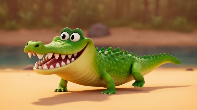 Cartoon crocodile character smiling animation alligator reptile on sand happy creature nature rendering animal design