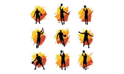 Set of Nine Basketball Player Silhouettes in Dynamic Action Poses © babu