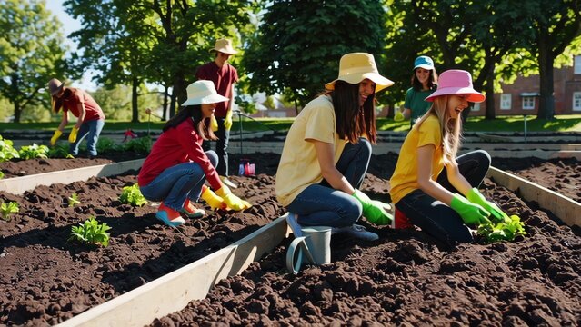 A Group of Enthusiastic Gardeners Engaging in Hands-On Planting Activities in a Community Garden Surrounded by Lush Trees and Beautiful Nature
