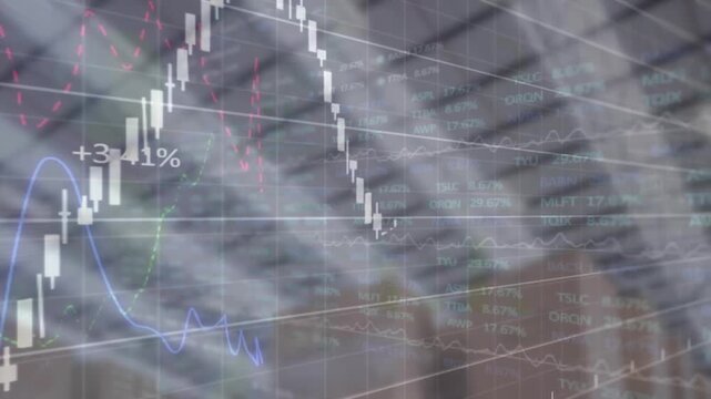 Animation of financial and stock market data processing against delivery boxes at warehouse