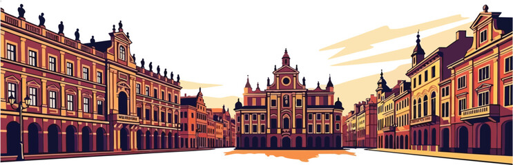 Obraz premium Illustration of a historic European city square with ornate buildings and empty streets.