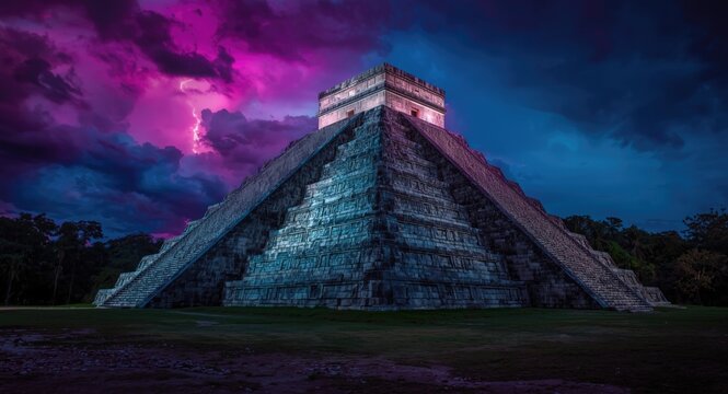 Dramatic illumination of a forgotten Mayan pyramid in vibrant dream wallpaper