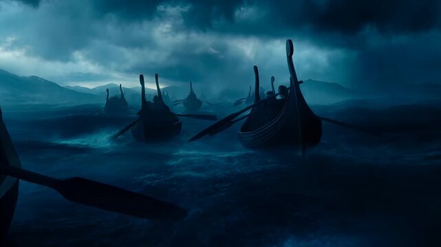Dark and stormy sea with boats in the distance.