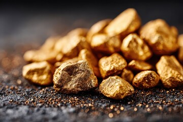 A macro shot of shiny gold nuggets piled on a dark textured surface, showcasing the beauty and value of precious metal, emphasizing wealth and prosperity.