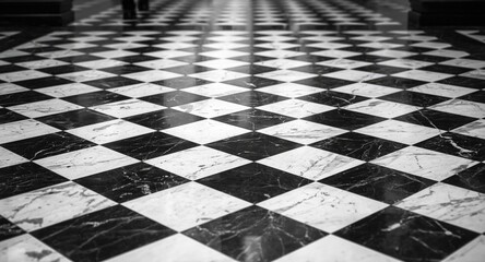 Naklejka premium Checker pattern of marble floor tiles in black and white seen from a low perspective