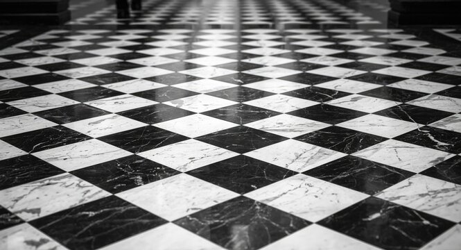Checker pattern of marble floor tiles in black and white seen from a low perspective
