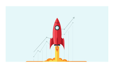 Red rocket launching with upward business growth chart background