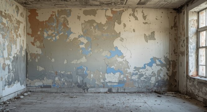 Concrete wall with extensive paint chipping inside an empty room conveying deterioration