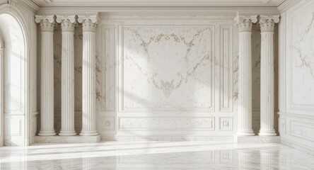 Obraz premium Classic design white marble interior highlighting gypsum pilasters and pommel column capitals