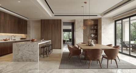 Fototapeta premium Chic kitchen and dining area highlighted by travertine elements and open flow
