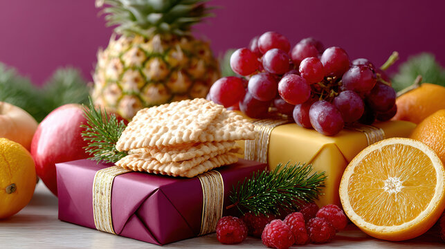 Purim festive advertising campaign showcasing wrapped mishloach manot boxes topped with crackers, grapes and citrus for a seasonal gift catalog, holiday catering services and family gifting promotions