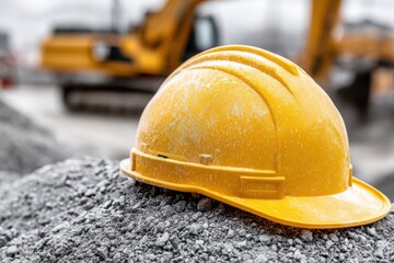 Yellow hard hat on a gravel pile at a construction site, symbolizing safety, with an excavator in the background, representing progress and industry.