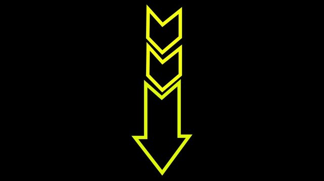 A vertical stack of three chevron arrows pointing downwards in bright neon yellow against a solid black background representing direction and progress