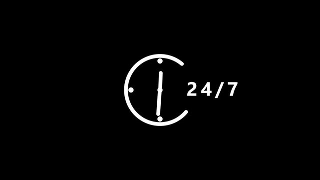A white outline of a clock face with hands pointing to indicate time, alongside the white text 24/7, is displayed against a solid black background representing constant availability and service