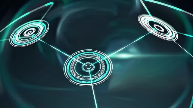 Glowing concentric rings float on a glossy dark surface, linked by thin luminous lines that suggest a triangulated network or sonar interface, pulsing with subtle waves and cybernetic energy.