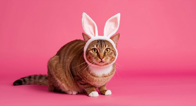 Easter themed cat wearing bunny hat posing on vibrant pink backdrop