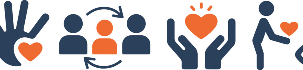 Obraz premium Kindness icons, caring hands, giving heart, community support, compassion, love sharing, connection, nurturing, collaboration, emotional support, humanity, charity