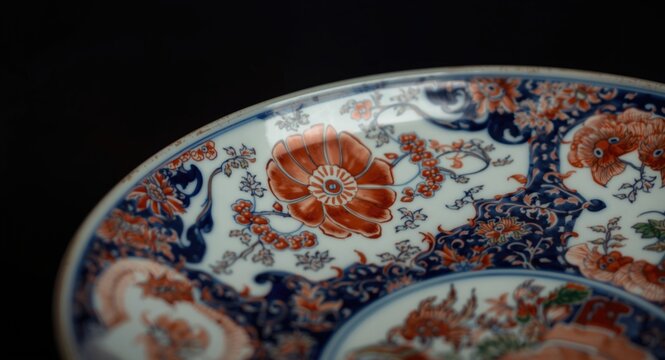 Detailed soft focus photograph of vintage Japanese imari porcelain plate featuring traditional patterns on dark backdrop