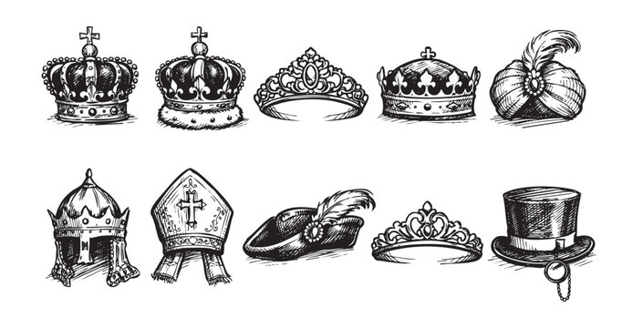 A collection of hand-drawn illustrations depicting various crowns, tiaras, and hats, perfect for vintage themes or fantasy designs. Black ink on a white background.