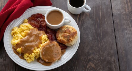 Classic Southern breakfast offering fluffy scrambled eggs creamy biscuits covered with gravy crispy bacon and a bowl of grits served with hot coffee