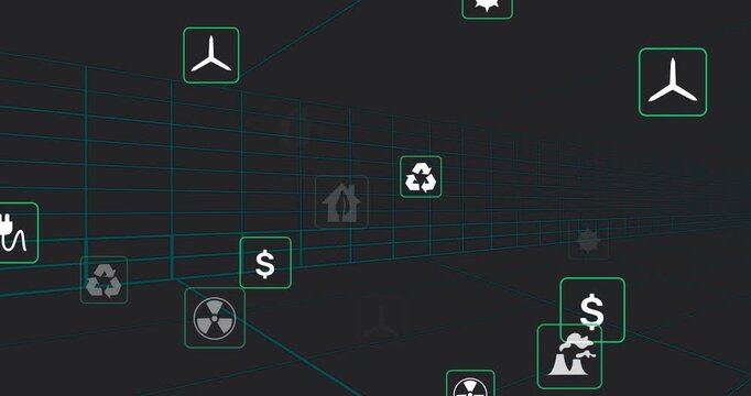 Sustainability icons drifting on grid on camera pan, clustering, pulsing visualizing resource flow