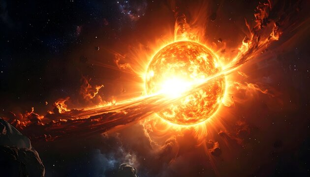 A blazing sun in space with solar flares