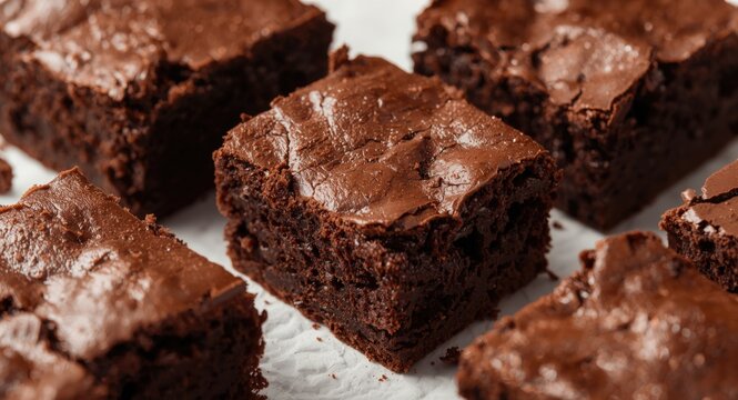 Close up of moist dark chocolate brownies with a soft shadow background