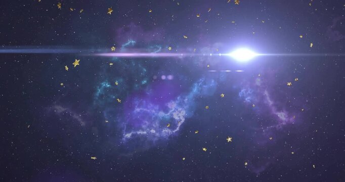 White star appearing sending lens flare highlighting violet blue nebula and drifting golden stars