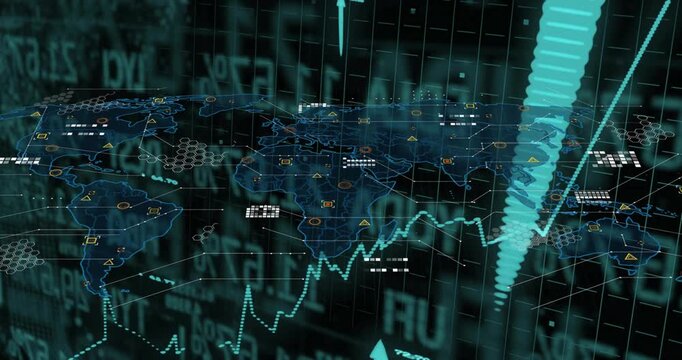 3D grid scrolling numeric overlays, initiating map, animating rising line, sprouting growth arrows