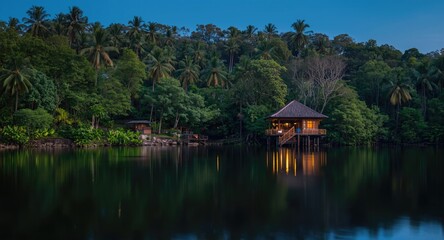 Obraz premium Calm water beside pavilion embraced by tropical forest at twilight