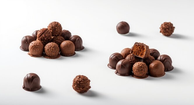Variety of chocolate sweets positioned in clusters with isolated round balls on a white backdrop for elegance
