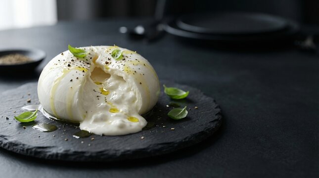 Creamy burrata cheese with olive oil and basil on dark background